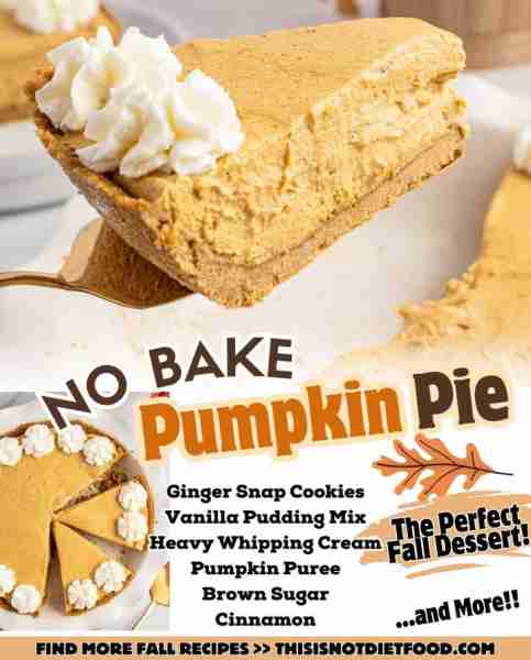 No Bake Pumpkin Pie is an easy fall dessert recipe with a ginger snap cookie crust and a creamy fill...