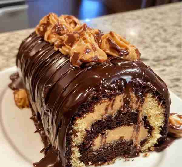 🥜🍫 Peanut Butter Cup Chocolate Roll Cake A soft chocolate sponge rolled with fluffy peanut butter...