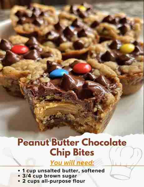 Peanut Butter Chocolate Chip Bites Ingredients: - 1 cup unsalted butter, softened - 3/4 cup brown su...