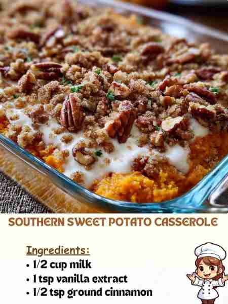 Southern Sweet Potato Casserole Ingredients ½ cup milk 1 tsp vanilla extract ½ tsp ground cinnamon ....