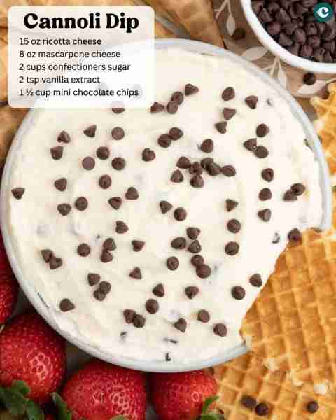 CANNOLI DIP **Ingredients** ▢ 15 oz ricotta cheese ▢ 8 oz mascarpone cheese ▢ 2 cups confectioners s...