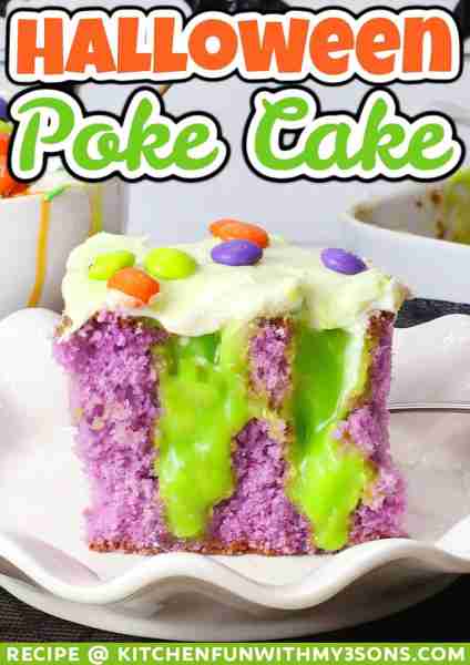 Full Recipe 👇 HALLOWEEN POKE CAKE - so Fun! 🧡💚💜 A colorful cake with a hidden surprise of delici...