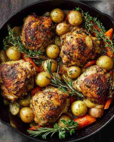 Was told not to skip this — Herb-Roasted Chicken Thighs with Baby Potatoes & Carrots