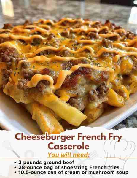 Cheeseburger French Fry Casserole Ingredients: - 2 pounds ground beef - 28-ounce bag of shoestring F...