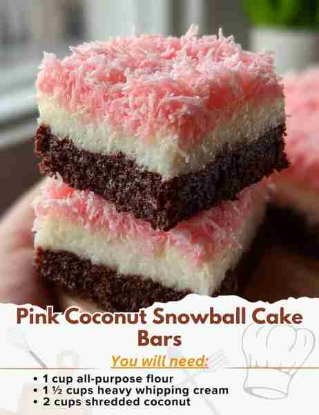 Pink Coconut Snowball Cake Bars Ingredients: Chocolate Cake Base: - 1 cup all-purpose flour - ½ cup...