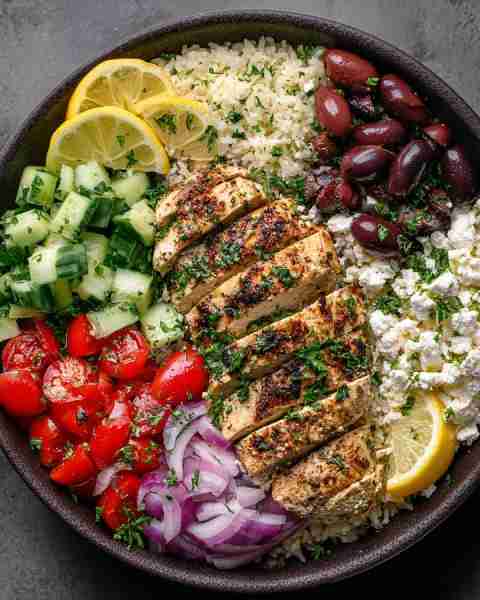 🥗 Mediterranean Grilled Chicken Rice Bowl with Feta & Olives 🍋 Prep Time: 20 minutes Cook Time: 20...