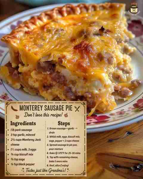 🥧 MONTEREY SAUSAGE PIE 😋 Cheese, sausage, and a fluffy crust—baked golden and gone before you know...
