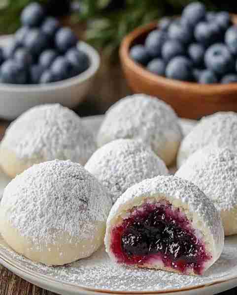 Irresistible Bleuberry Filled Almond Snowball Cookies Ingredients : 1 cup unsalted butter (softened)...