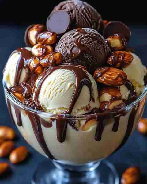 🍫 Chocolate Almond Ice Cream Sundae Ingredients (2 servings) 3 scoops vanilla ice cream 3 scoops ch...