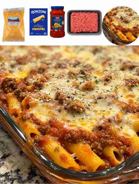 Baked Ziti Ingredients: - 1 pound ziti pasta - 1 lb ground beef - 1 onion, diced - 2 cloves garlic,...