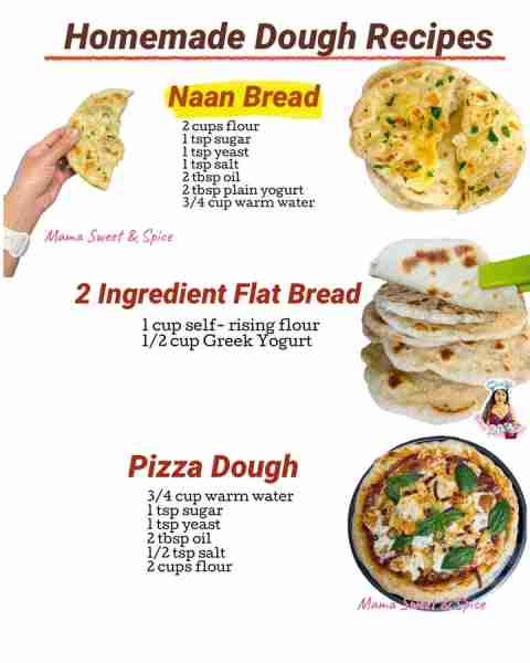 Easy Dough Recipes! ——- 2 Ingredient FlatBread Recipe: 1 cup self-rising flour 1/2 cup whole greek y...