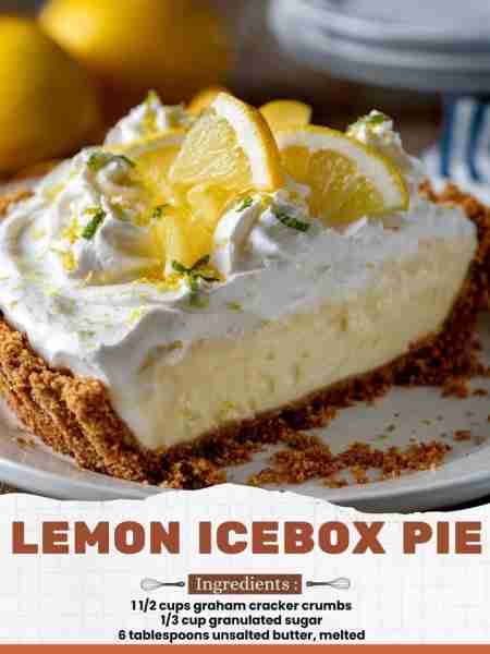 Lemon Icebox Pie Ingredients: 1 1/2 cups graham cracker crumbs 1/3 cup granulated sugar 6 tablespoon...