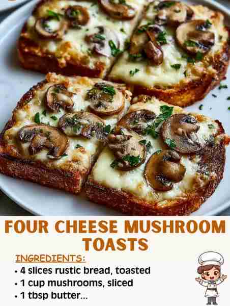🍄🧀 Four Cheese Mushroom Toasts – Golden, Cheesy, and Irresistible! Ingredients: 4 slices rustic br...
