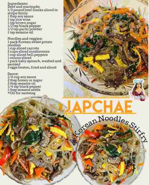 Delicious Korean Japchae! 🥰 A savory noodles stirfry with beef and mixed vegetables! Ingredients:...