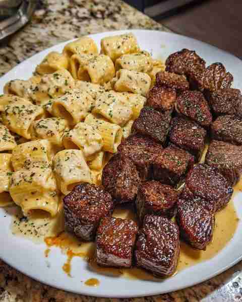 GARLIC BUTTER STEAK BITES & CREAMY ALFREDO RIGATONI Ingredients: 1 ½ pounds sirloin steak (cut into...