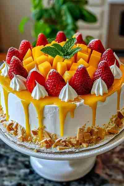 Strawberry Mango Delight Cake Ingredients: For the Cake: 2 ½ cups all-purpose flour 2 ½ tsp baking p...