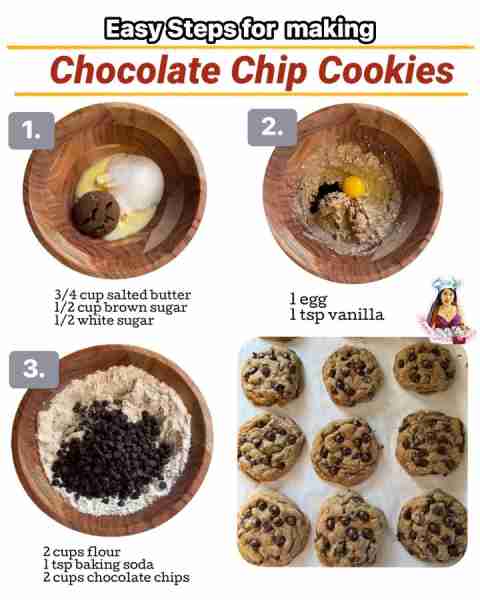 Easy Steps for a Delicious Chocolate chip cookies! Recipe: 2 cups all purpose flour 1/2 cup brown s...