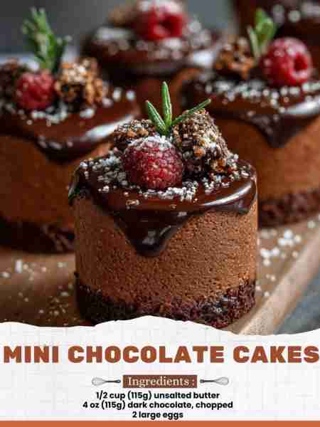 Mini Chocolate Cakes Ingredients: 1/2 cup (115g) unsalted butter 4 oz (115g) dark chocolate, chopped...
