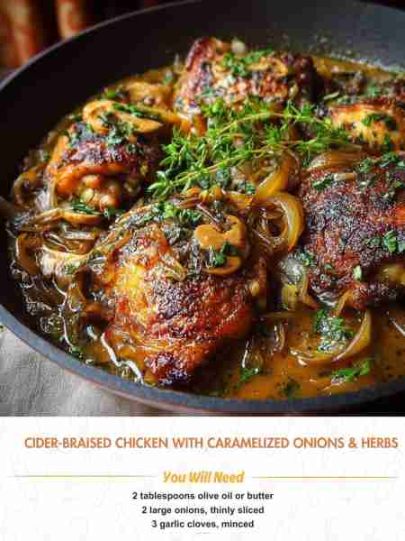 Cider-Braised Chicken with Caramelized Onions & Herbs Ingredients: 2 tablespoons olive oil or butter...