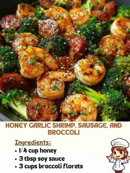 Honey Garlic Shrimp, Sausage, and Broccoli Ingredients ¼ cup honey 3 tbsp soy sauce 3 cups broccoli...