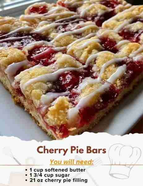 Cherry Pie Bars Ingredients: - 1 cup softened butter - 1 3/4 cup sugar - 1/2 tsp salt - 3 eggs -...