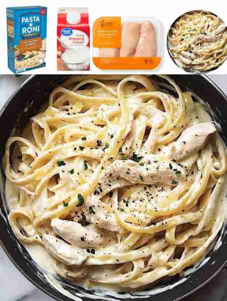 Chicken Alfredo Pasta Ingredients: - 8 oz fettuccine pasta - 1 cup heavy cream - 1/2 cup grated Parm...