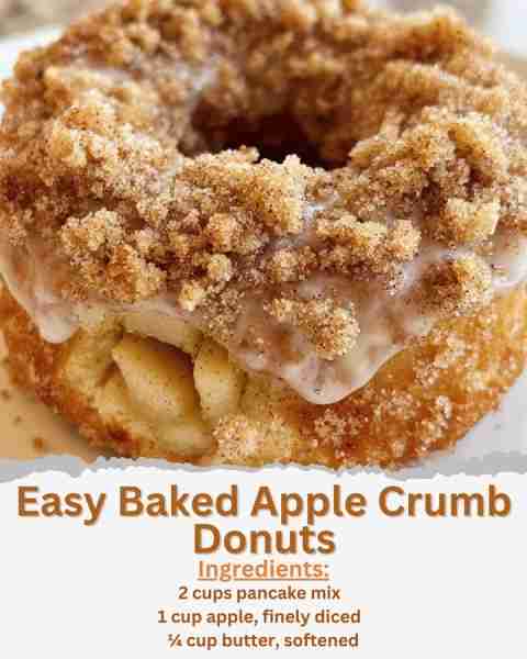 Easy Baked Apple Crumb Donuts Ingredients: Apple Donut: - 2 cups pancake mix - 3 tablespoons brown s...