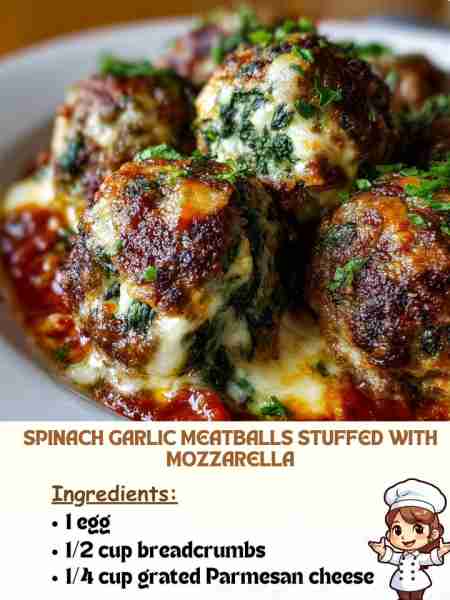 Spinach Garlic Meatballs Stuffed with Mozzarella Ingredients 1 egg ½ cup breadcrumbs ¼ cup grated Pa...