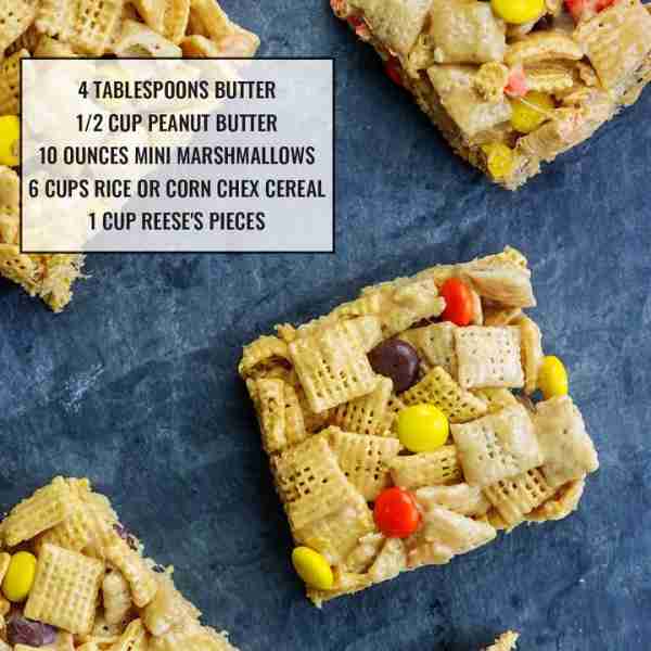 Recipe: https://www.bunsinmyoven.com/reeses-peanut-butter-chex-bars/ Gooey peanut butter Chex treats...