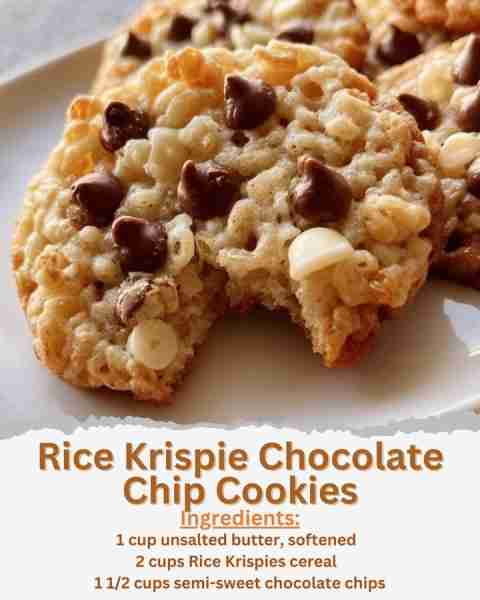 Rice Krispie Chocolate Chip Cookies Ingredients: - 1 cup unsalted butter, softened - 1 cup brown su...