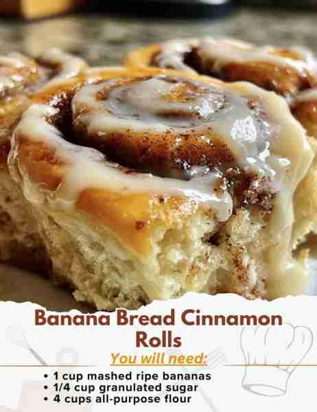 Banana Bread Cinnamon Rolls Ingredients: For the Dough: - 1 cup mashed ripe bananas (about 2-3 banan...