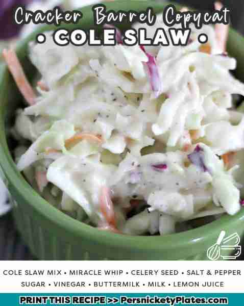 This creamy, classic coleslaw tastes just like the one you’ll find at Cracker Barrel.