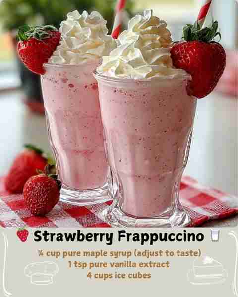 🍓 Strawberry Frappuccino 🥛 Ingredients 20 fresh strawberries (about 2 cups, hulled) 2 cups milk (w...