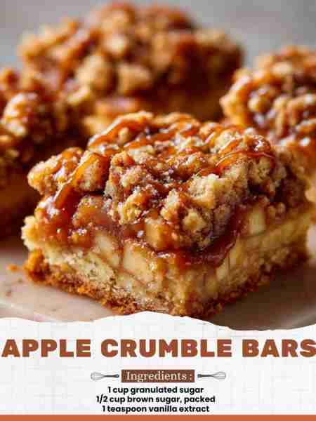 Apple Crumble Bars Ingredients: 1 cup granulated sugar 1/2 cup brown sugar, packed 1 teaspoon vanill...