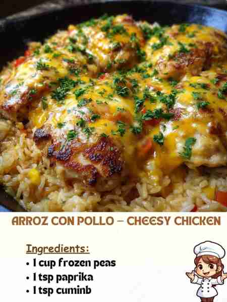 Arroz Con Pollo — Cheesy Chicken Ingredients 1 cup frozen peas 1 tsp paprika 1 tsp cuminb ...... Ful...