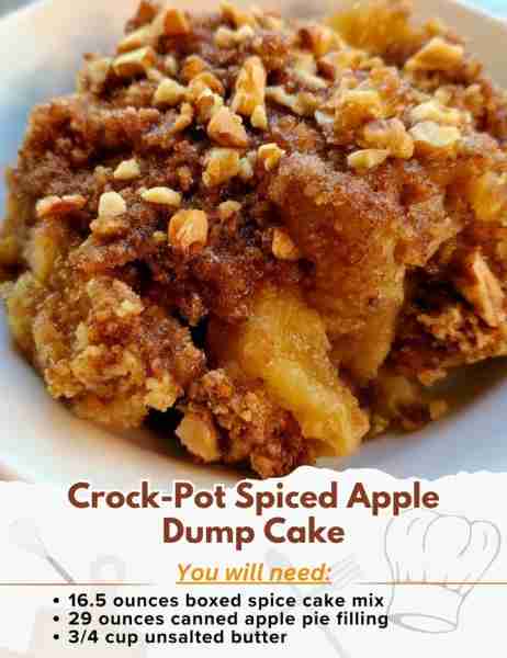 Crock-Pot Spiced Apple Dump Cake Ingredients: - 16.5 ounces boxed spice cake mix - 29 ounces canned...