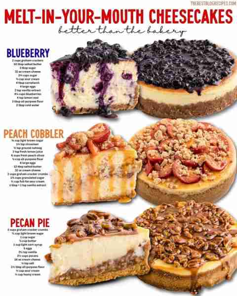 CHEESECAKES 3 WAYS 🍫🍑🥧 melt-in-your-mouth, rich & fruity! 1️⃣ BLUEBERRY CHEESECAKE 🫐 2 cups crus...