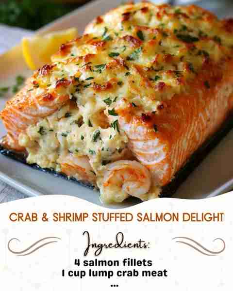Crab & Shrimp Stuffed Salmon Delight Ingredients: - 4 salmon fillets (6 ounces each) - 1 cup lump cr...