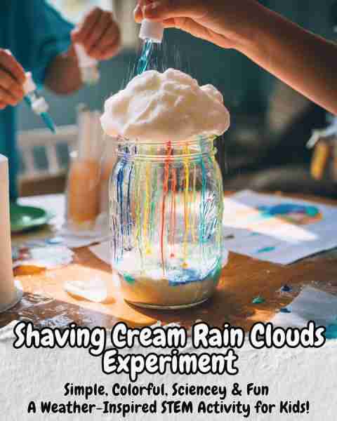 Shaving Cream Rain Clouds Experiment Supplies: - 1 large clear glass or jar (filled 3/4 with water)...