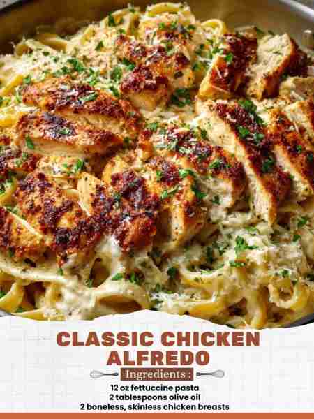Classic Chicken Alfredo Ingredients: 12 oz fettuccine pasta 2 tablespoons olive oil 2 boneless, skin...
