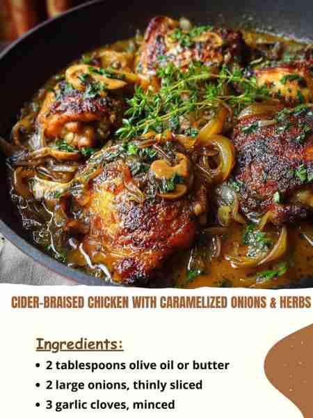 Cider-Braised Chicken with Caramelized Onions & Herbs Ingredients: 2 tablespoons olive oil or butter...