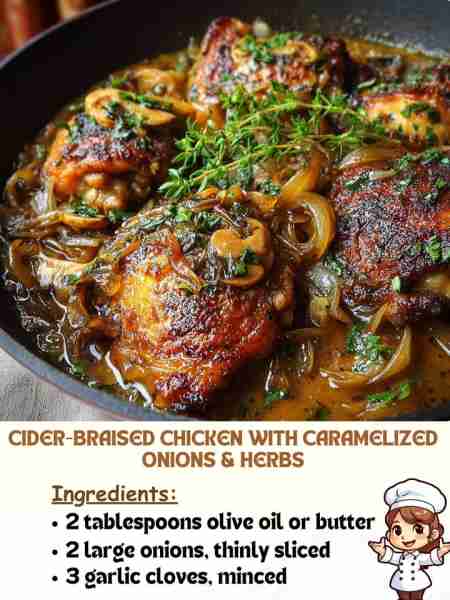 Cider-Braised Chicken with Caramelized Onions & Herbs Ingredients: 2 tablespoons olive oil or butter...