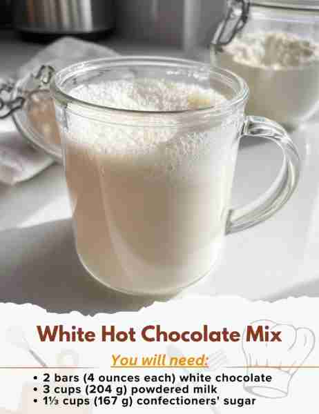 White Hot Chocolate Mix Ingredients: - 2 bars (4 ounces each) white chocolate, chilled, roughly chop...