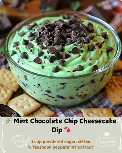 🌿 Mint Chocolate Chip Cheesecake Dip 🍫 Ingredients 8 ounces full-fat cream cheese, softened to roo...