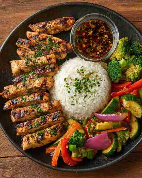🍗 Grilled Chicken with Jasmine Rice, Stir-Fried Veggies & Chili-Soy Dip 🌶️🥦 Prep Time: 20 minutes...