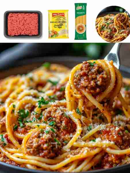 Spaghetti and Meatballs Ingredients: - 1 lb ground beef - 1/2 cup bread crumbs - 1/4 cup grated Parm...