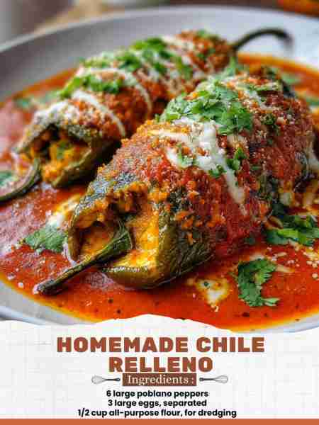 Homemade Chile Relleno Ingredients: 6 large poblano peppers 3 large eggs, separated ½ cup all-purpos...
