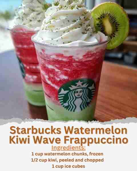 Starbucks Watermelon Kiwi Wave Frappuccino Ingredients: - 1 cup watermelon chunks, frozen - 1/2 cup...