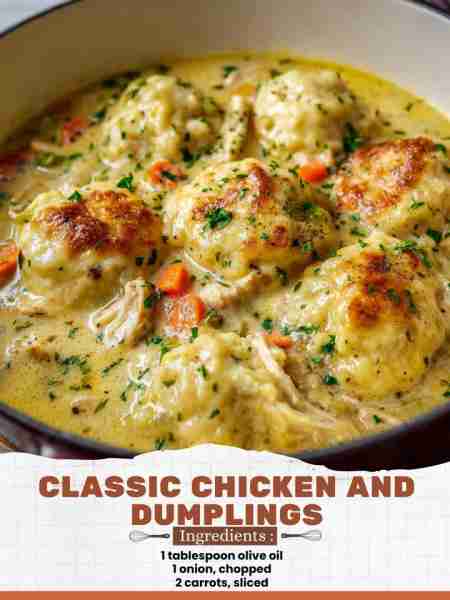 Classic Chicken and Dumplings Ingredients: 1 tablespoon olive oil 1 onion, chopped 2 carrots, sliced