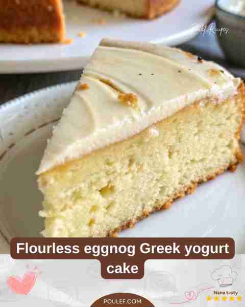 This flourless eggnog Greek yogurt cake is a festive and wonderfully moist treat. This tender cake c...